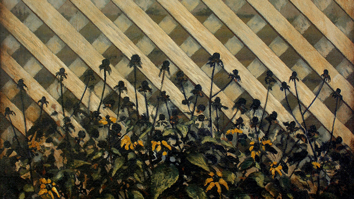 Trellis and fading flowers 2022, Oil on canvas, 20x20