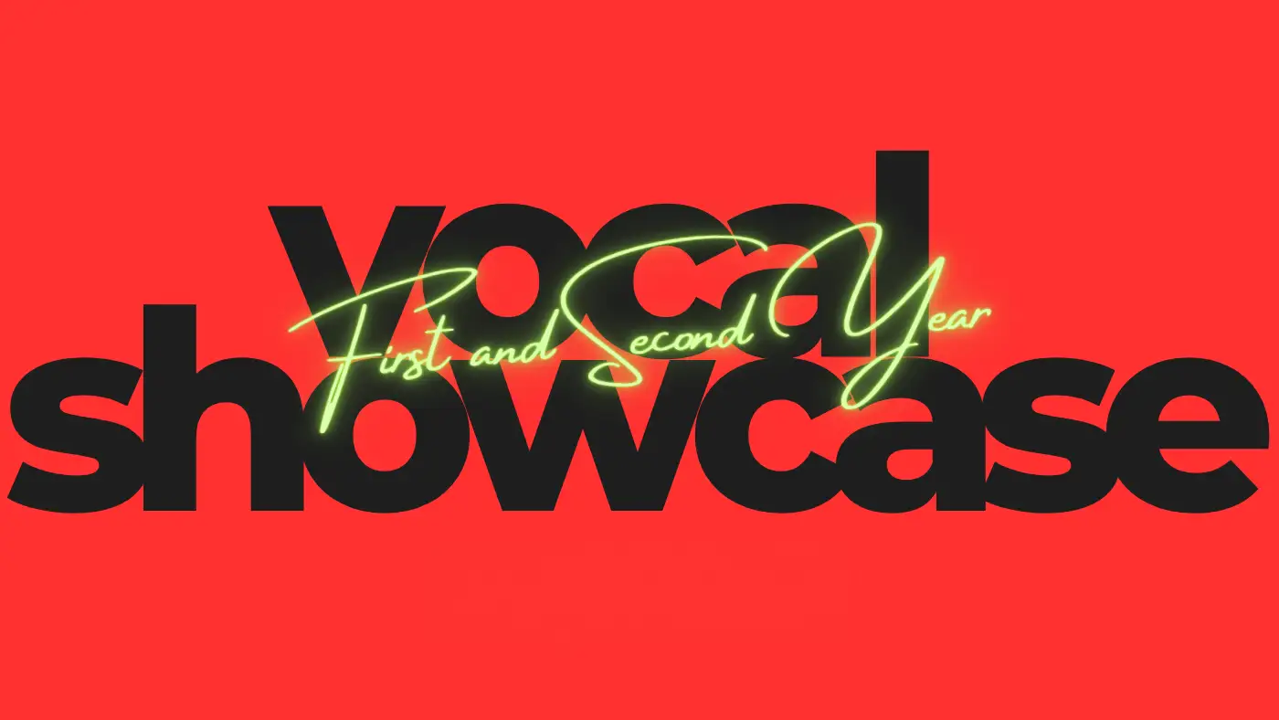 First and second year vocal showcase logo on a red background.