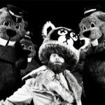 A still from Hundreds of Beavers depicting three actors in beaver costumes.