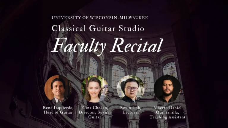 UWM Classical Guitar Studio faculty recital poster with four artist portraits.