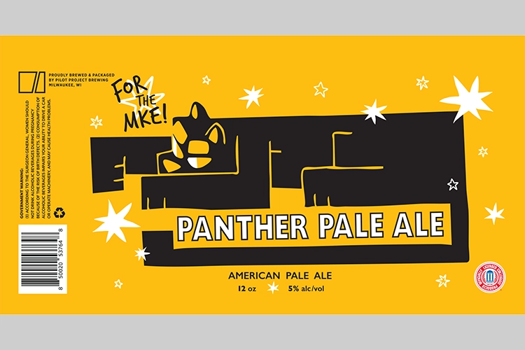 A stylized black Panther surrounds the text Panther Pale Ale. A yellow background is dotted with starbursts. A stylized black Panther surrounds the text Panther Pale Ale. A yellow background is dotted with starbursts.