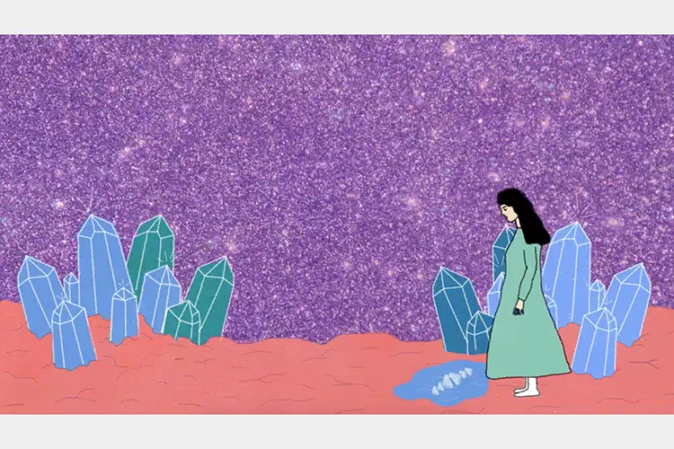 Drawing of a woman in a green dress standing on sand, with crystal stalagmites growing out of the ground and a purple sparkly sky. She is looking at a puddle.