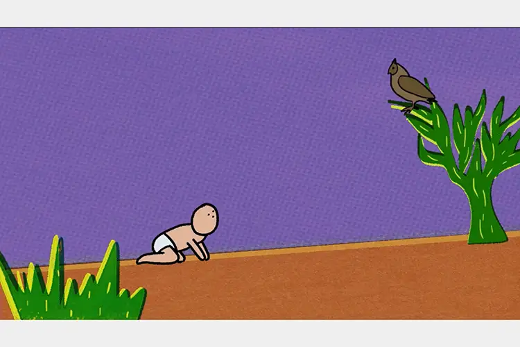 drawing of a baby crawling on the ground and looking up at a bird in a tree, there is a second bush in the left foreground