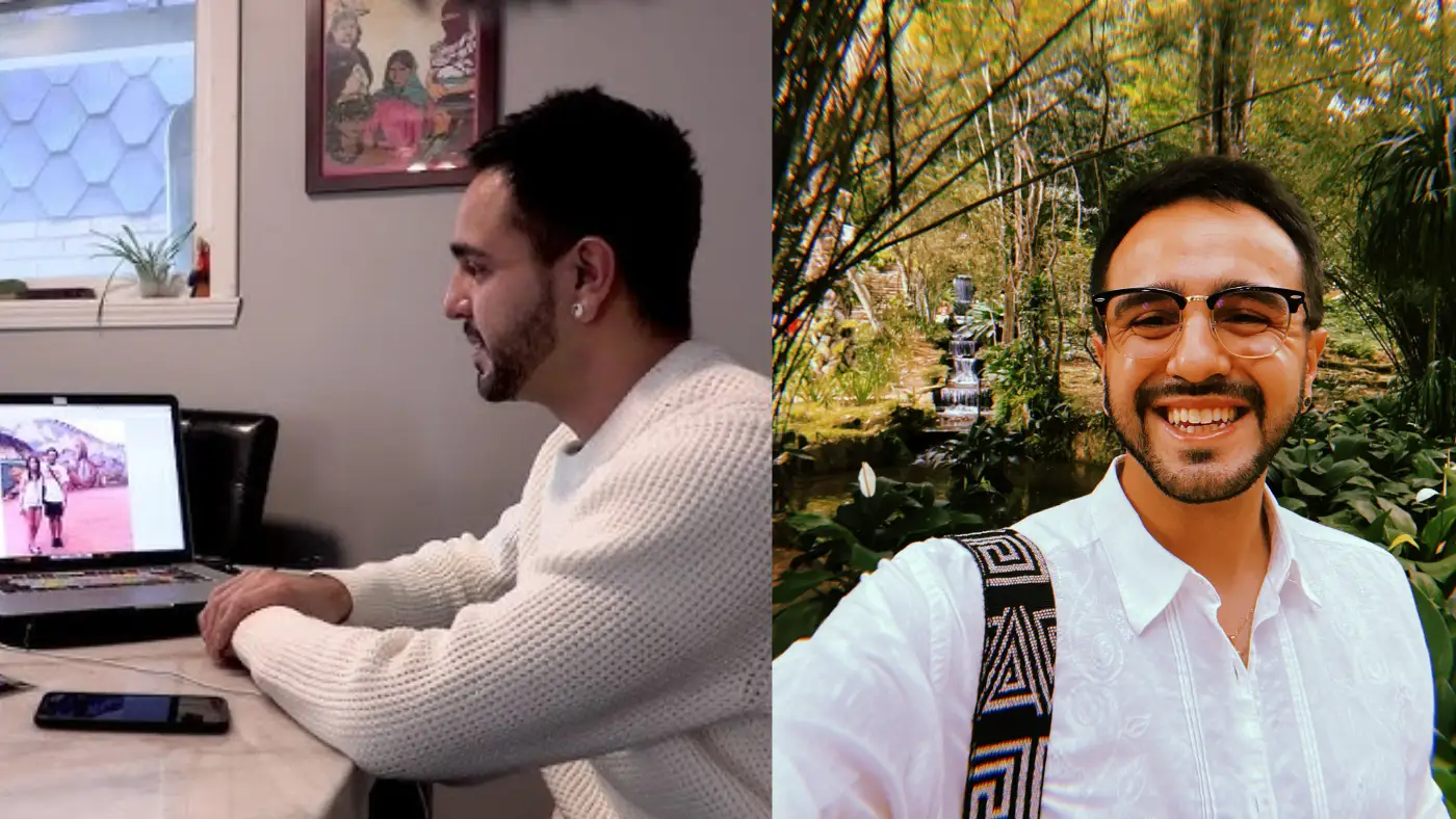 Eric Kleppe-Montenegro working at a laptop and another standing outdoors near lush greenery.