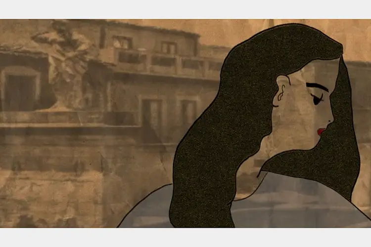 drawing of a woman overlaid on a sepia image of a building