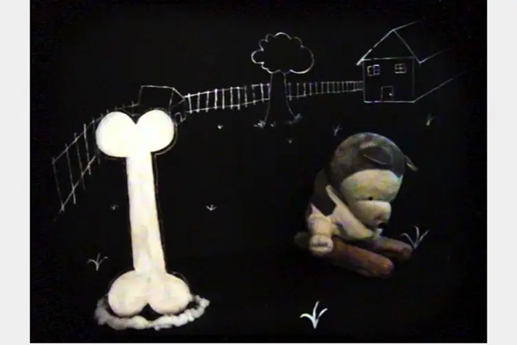 Film still of a dog stuffed animal and a bone in front of a childlike drawing of a house and backyard