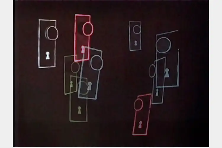 Film still of doorknobs and key-holes made out of light