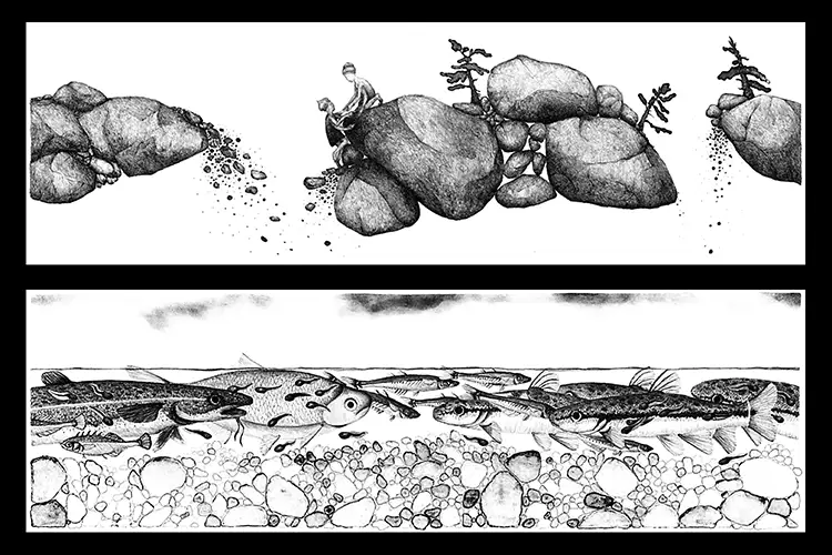 Black and white, two people climbing boulders above fish crowded together under very little water