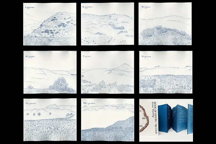 Cyanotype prints of hills, fields, and valleys numbered in roman numerals. The final image is of the book they all belong to.
