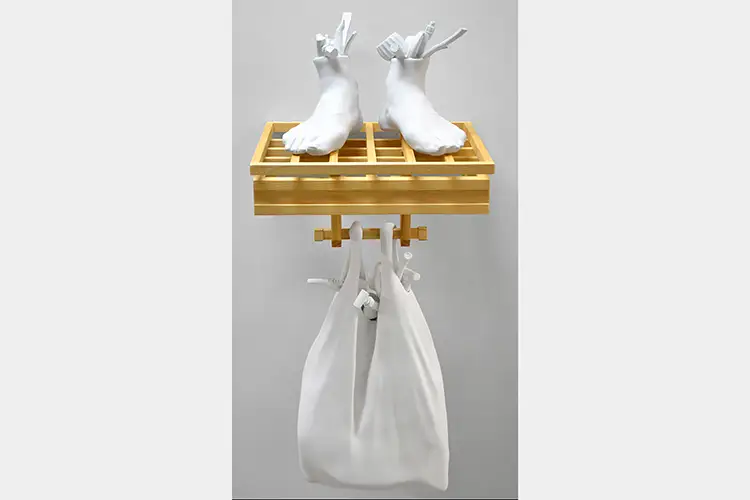 Plaster cast feet and bag sitting and hanging on wooden shelf