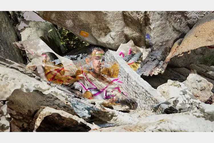 Digital overlay of a man laying down against rocks with many fractal colors Digital overlay of a man laying down against rocks with many fractal colors