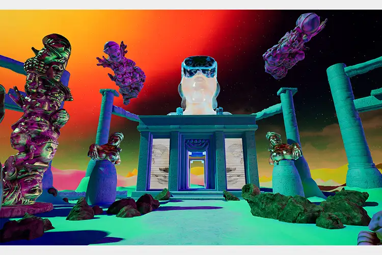 Many tall and floating sculptures of heads and torsos, in a environment resembling a Greco-Roman temple. Vibrant dark teal, blue, pink and red. Many tall and floating sculptures of heads and torsos, in a environment resembling a Greco-Roman temple. Vibrant dark teal, blue, pink and red.