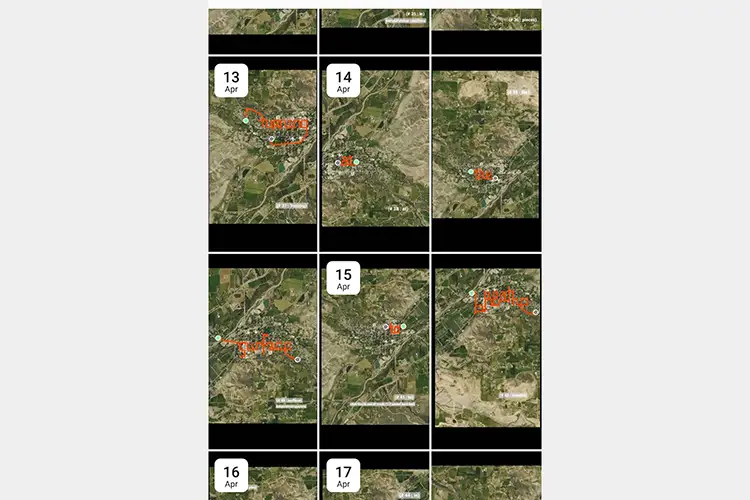 A series of satellite maps of many different paths taken, listed with which date they are from A series of satellite maps of many different paths taken, listed with which date they are from