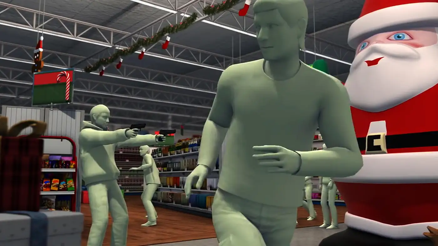 3D scene of green figures with guns in a store aisle beside a large Santa decoration.