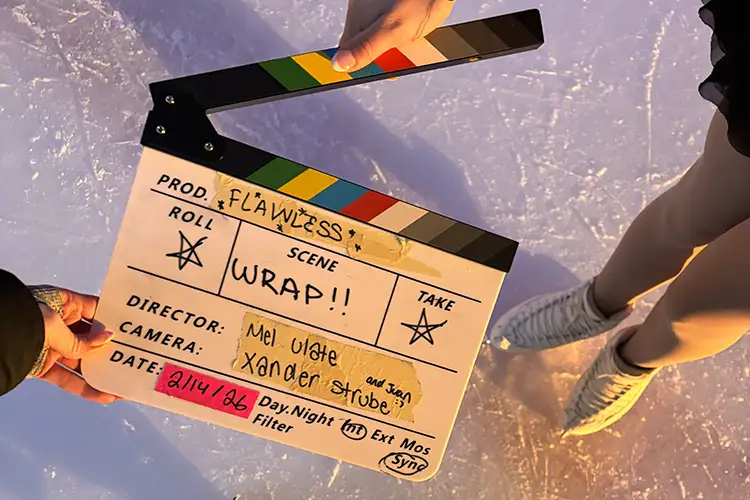 Mel Ulate and her lead actress hold the title slate which says the film has wrapped production.