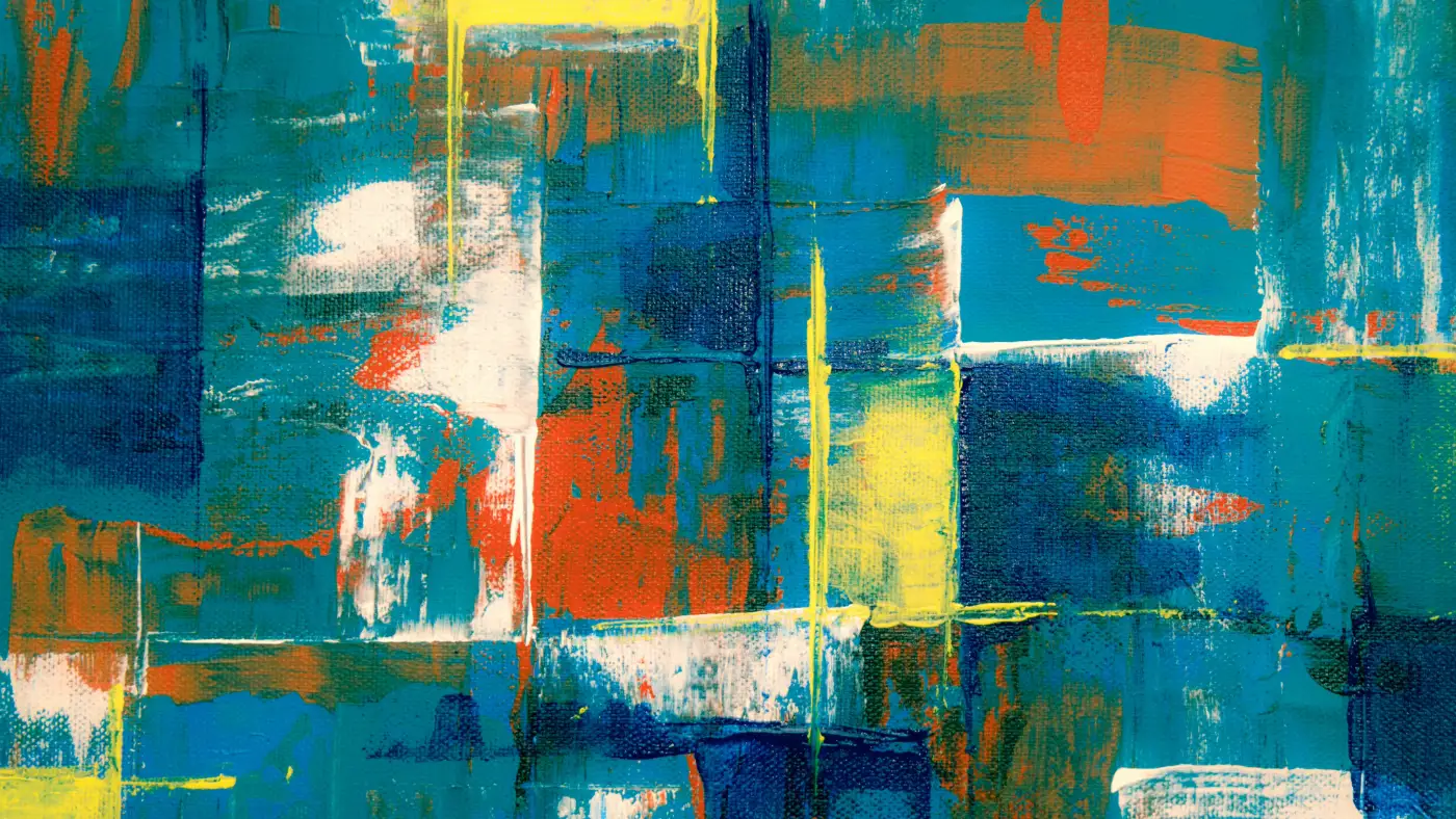 Abstract painting with layered blue, teal, orange, yellow, and white brushstrokes forming rich geometric shapes.