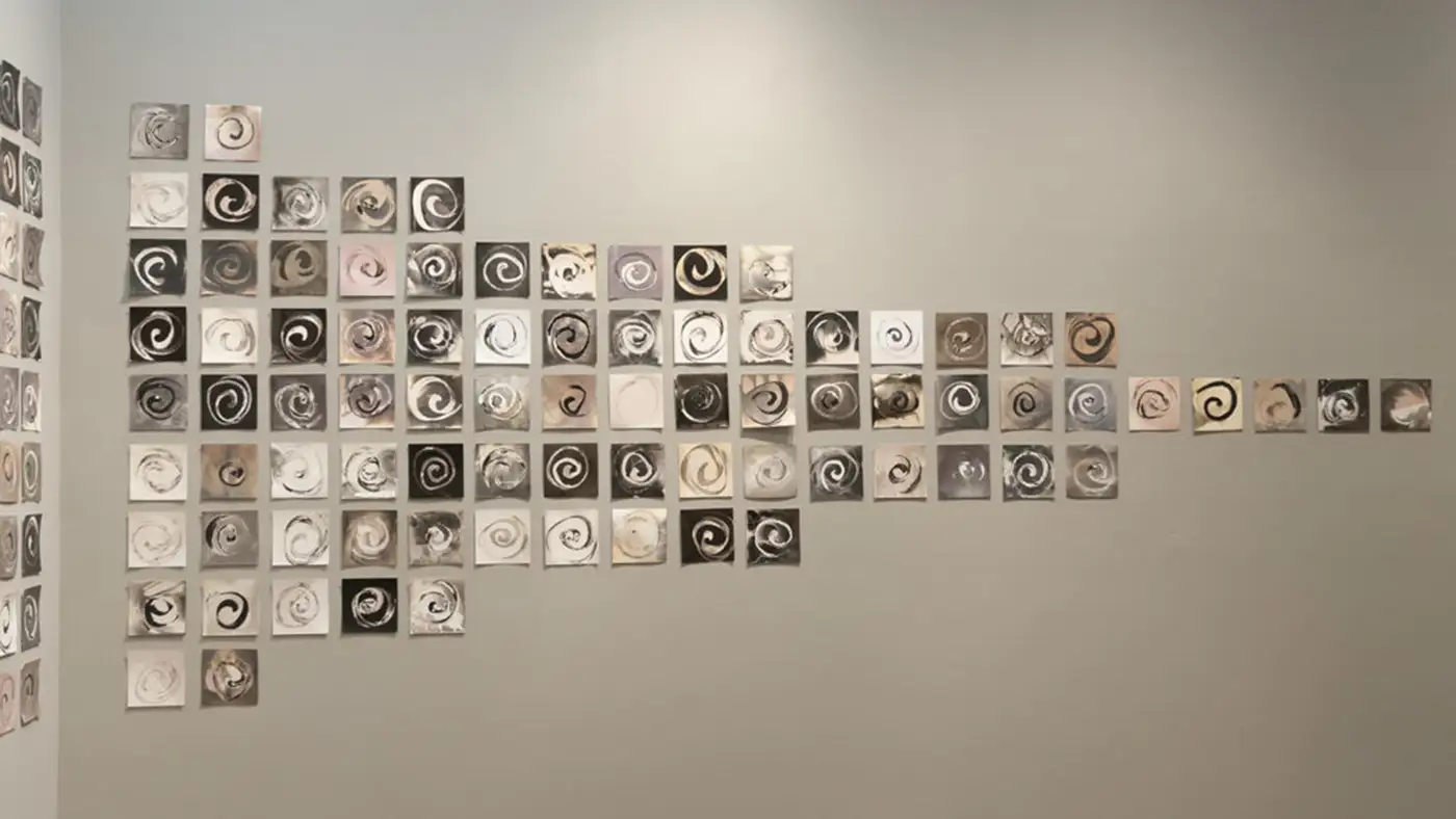 Wall installation of dozens of small square artworks arranged in a wave-like pattern, each featuring monochrome spiral motifs in varying tones and textures.