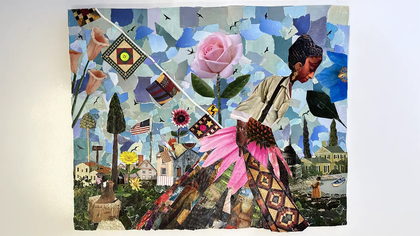 Collage artwork depicting a large figure in a patchwork dress among flowers, houses, birds, and patterned textiles against a blue mosaic-like sky.
