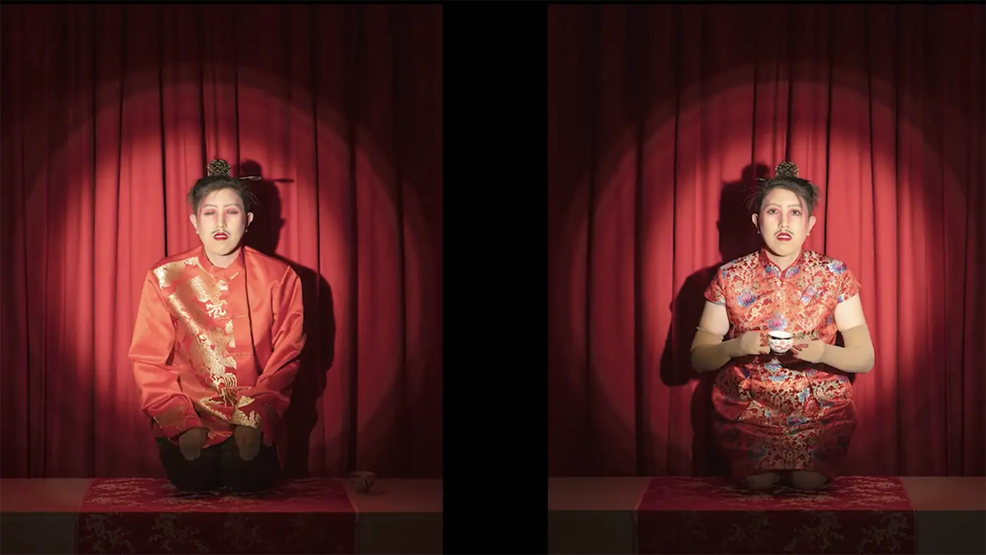 Two staged portraits show the same kneeling figure in different red traditional garments, spotlighted against red theater curtains; one portrait includes a small teacup.