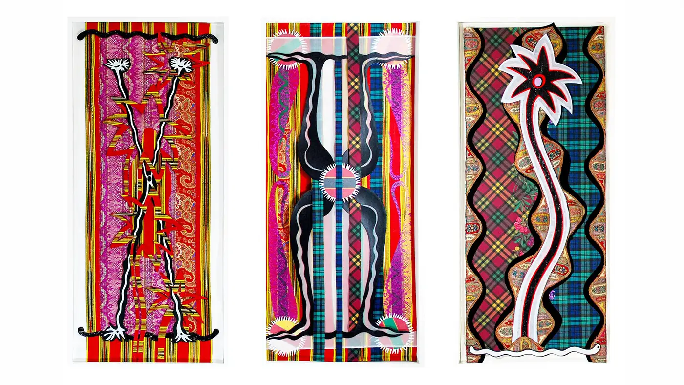 Three vertically oriented textile-based artworks with bold plaid patterns, vibrant colors, and stylized black-and-white organic forms.