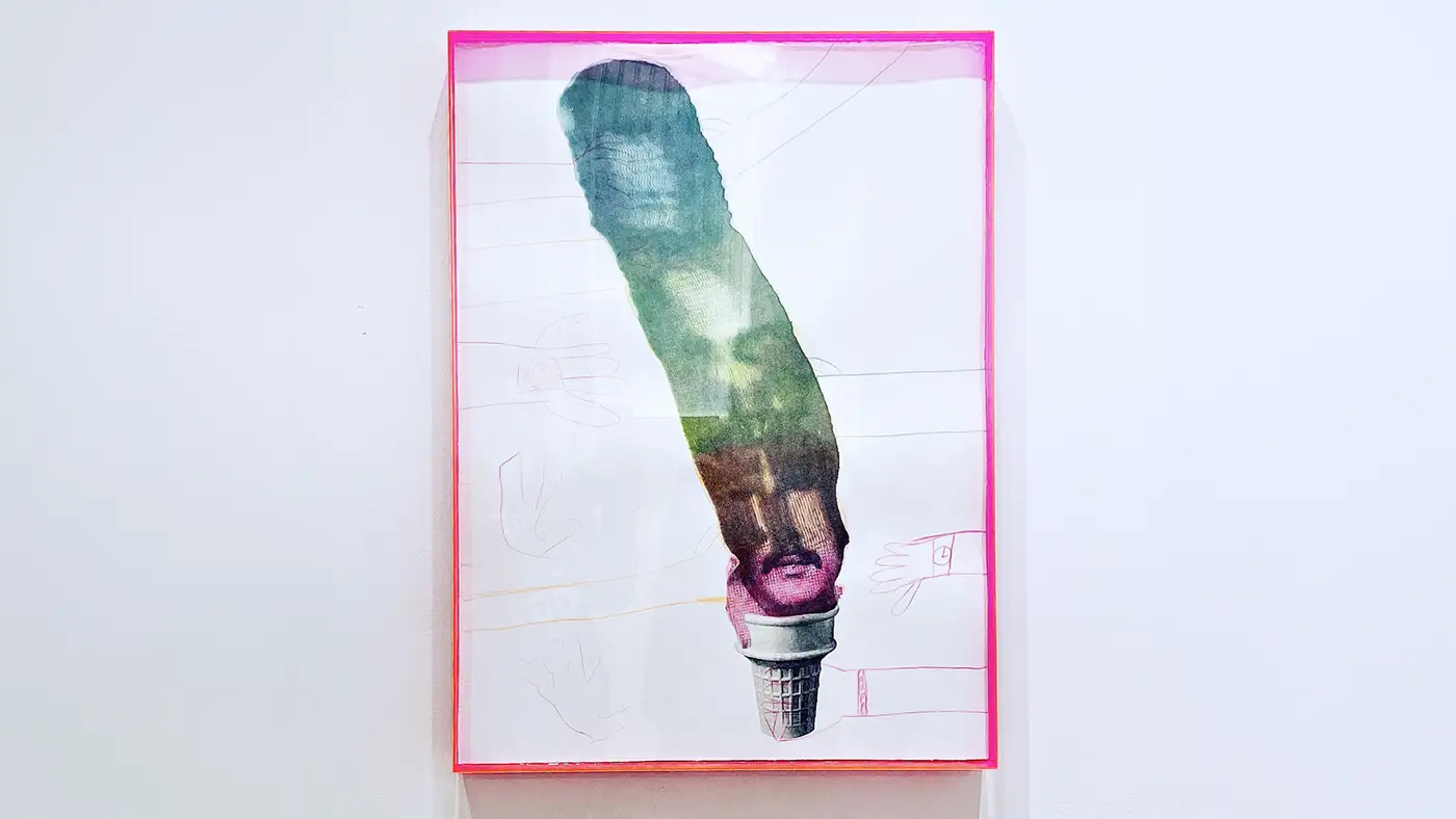 Artwork showing an inverted ice cream cone with a blurred, elongated scoop inside a bright pink frame.