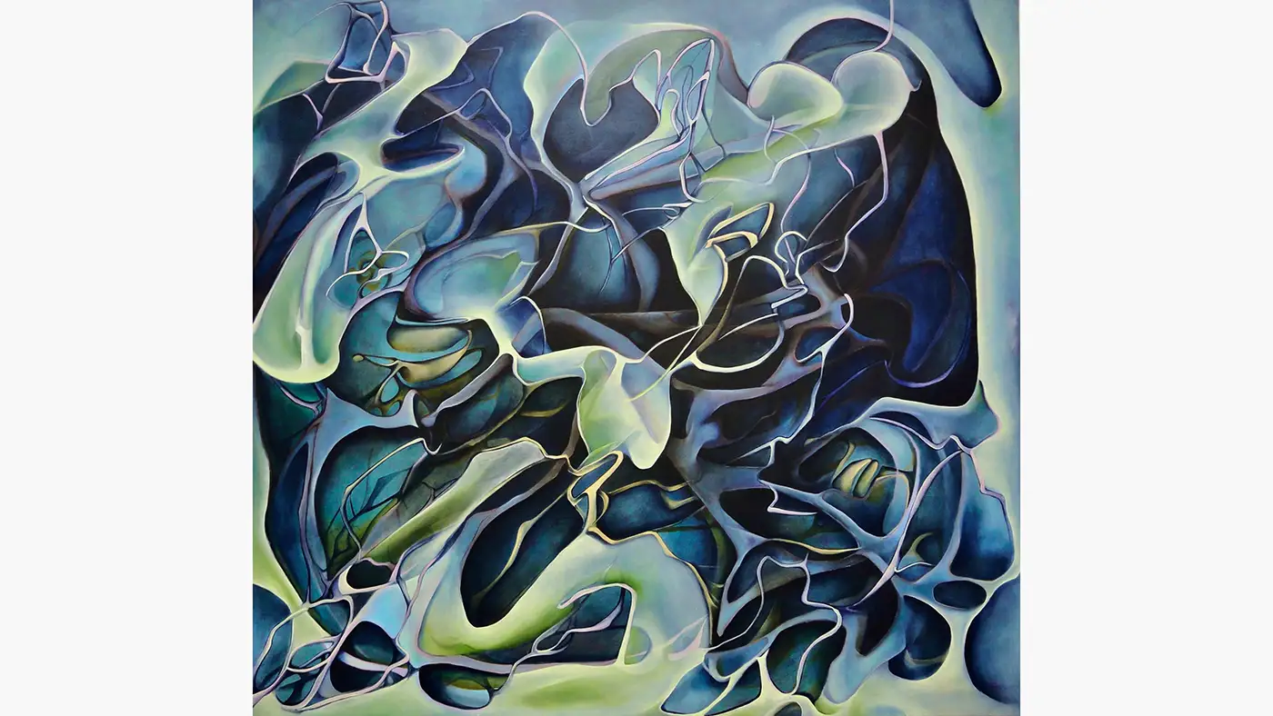 Abstract painting of flowing blue, teal, and green organic forms intertwined with delicate white lines, creating a layered, fluid composition suggestive of water, movement, and natural growth.