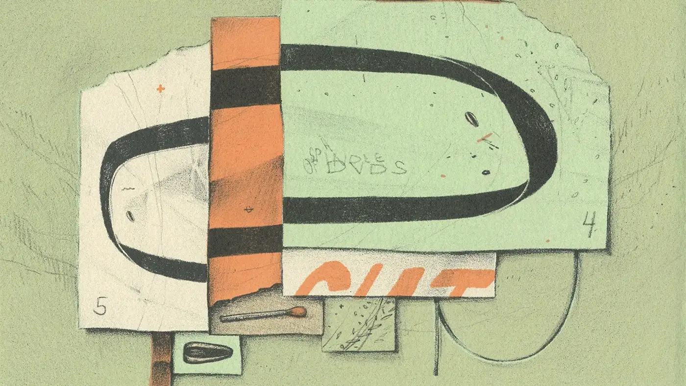 Abstract collage-like artwork with looping black forms, layered paper shapes, and muted green and peach tones.