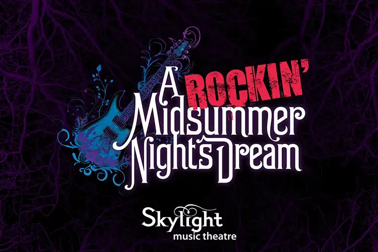 Promotional graphic for A Rockin’ Midsummer Night’s Dream with guitar artwork on a dark purple background.