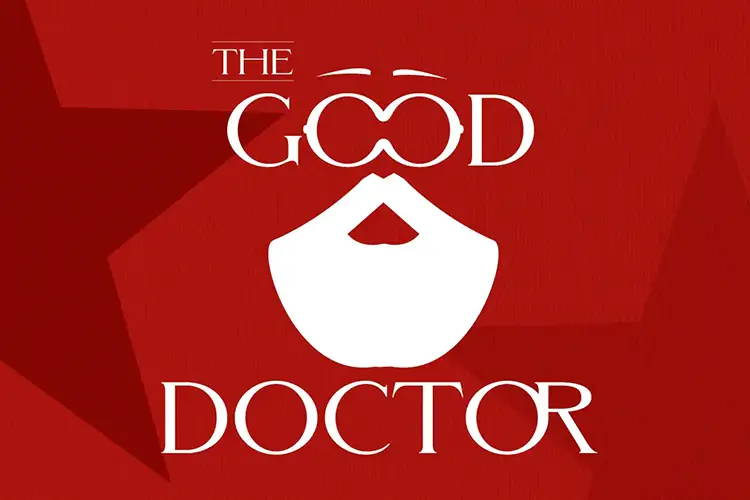 Promotional graphic for The Good Doctor featuring a stylized white beard and glasses on a red background.