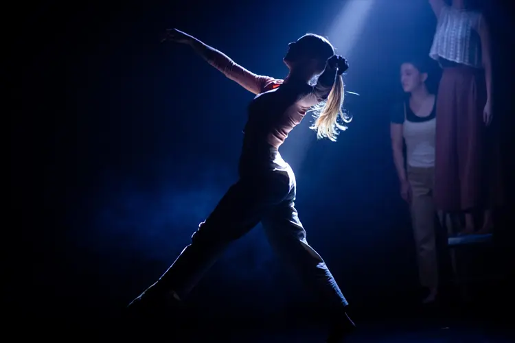 Silhouetted performer extends one arm while stepping through a spotlight on a dark stage, with two other performers visible in the background.