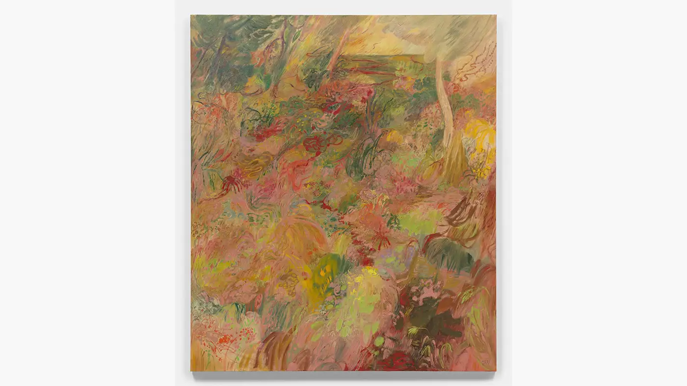 Abstract landscape painting filled with swirling pink, green, yellow, and orange brushstrokes suggesting dense vegetation, flowers, and trees in a dreamlike natural setting.