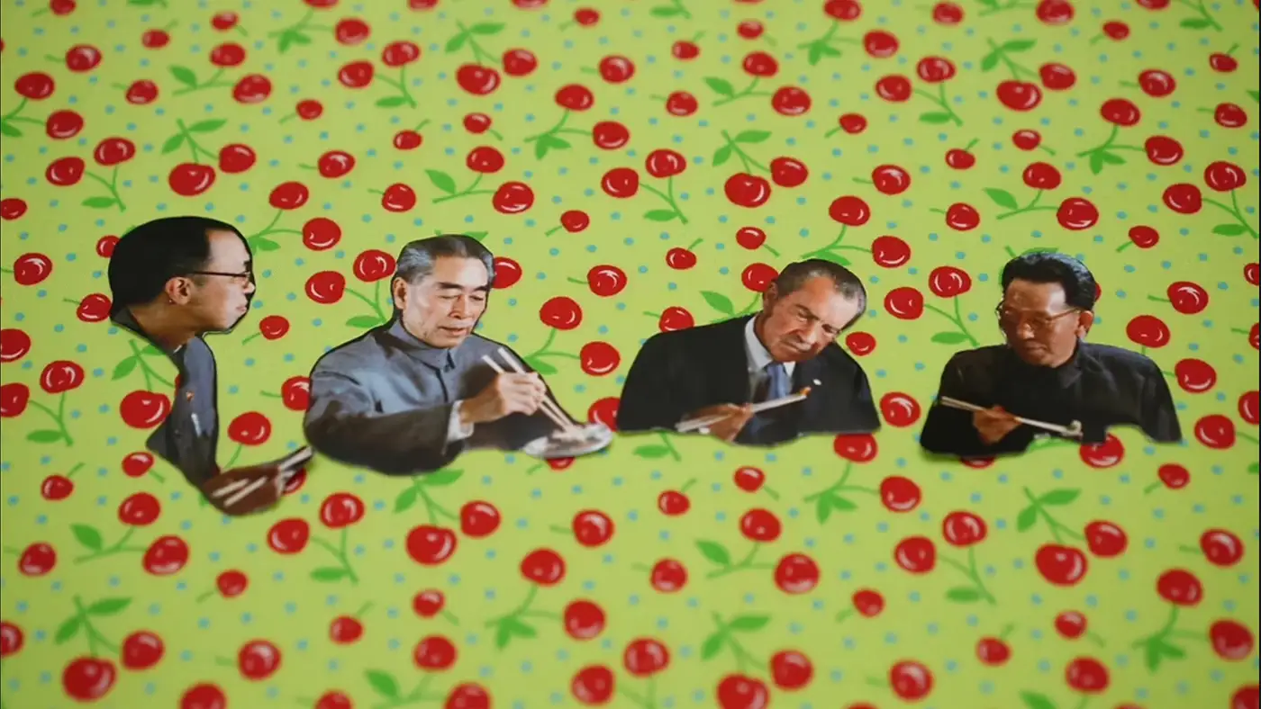 Collage-style artwork showing four cutout figures holding paintbrushes against a cherry-patterned green background.