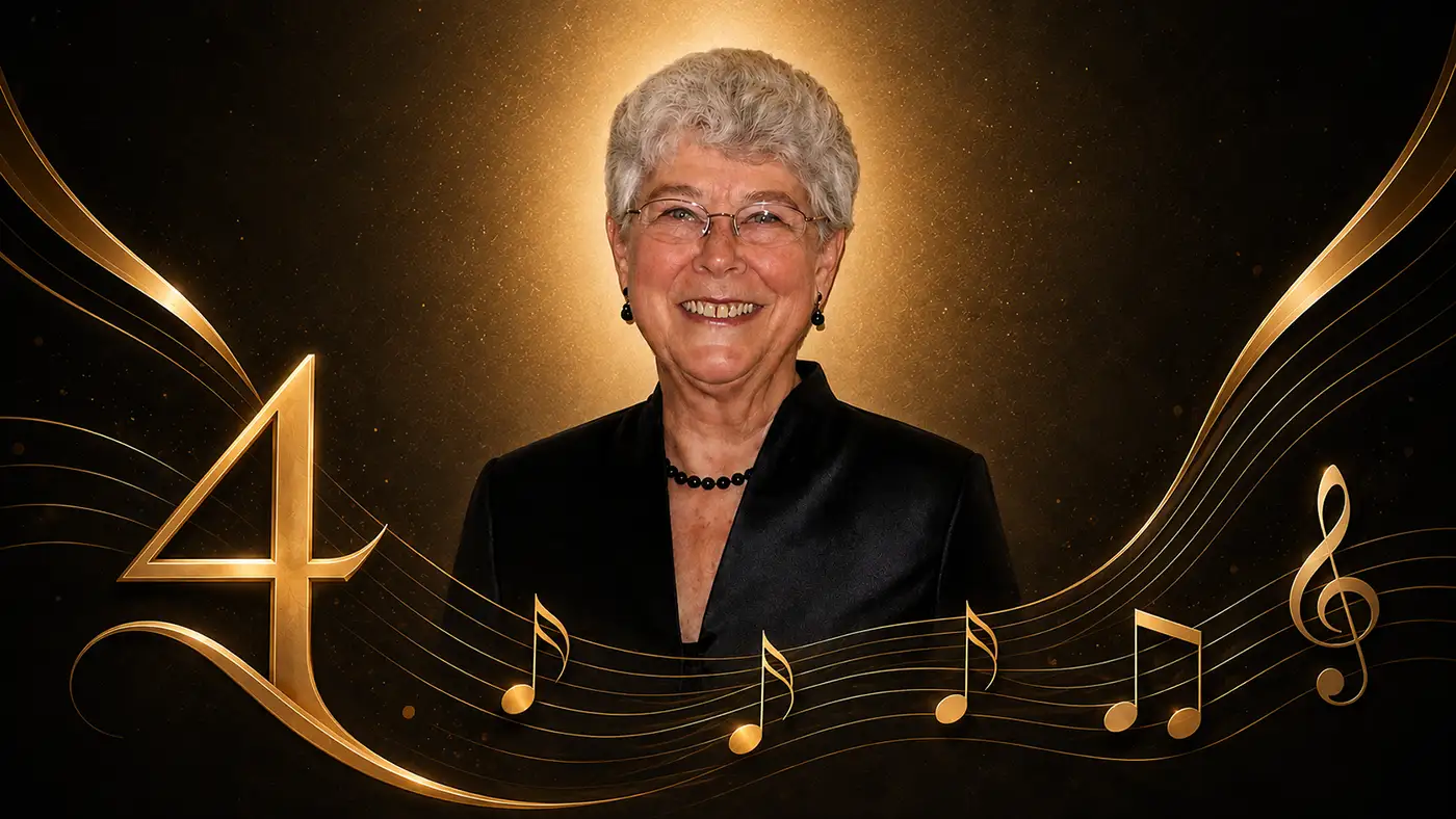 Portrait of a person in formal black attire against a glowing gold backdrop with musical notes and a large “4.”