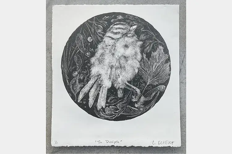 Black and white image of a bird in front of leaves and seeds, image is inside a circle of black on white paper Black and white image of a bird in front of leaves and seeds, image is inside a circle of black on white paper