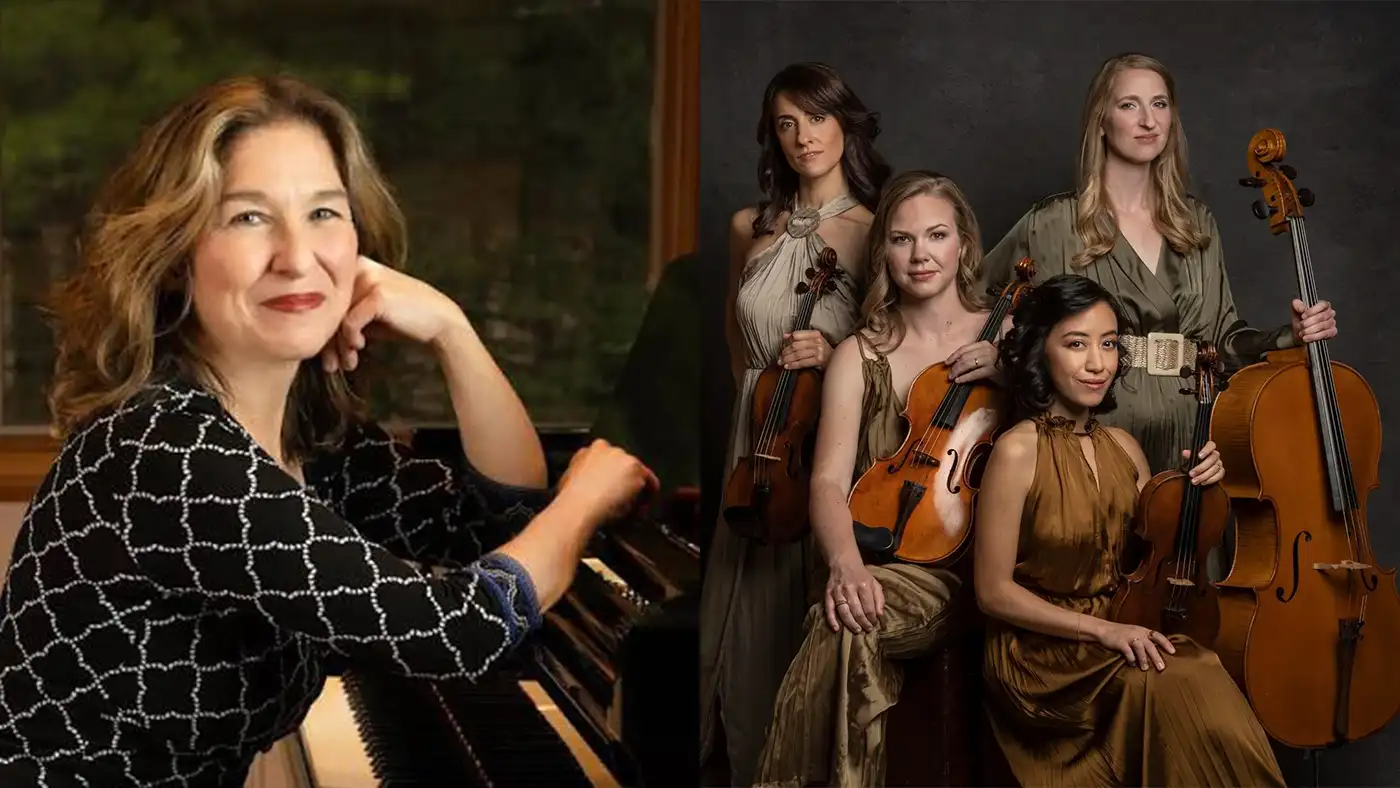 Split image featuring the Elena Abend leaning on a piano on the left, and KAIA String Quartet posed with their instruments on the right.