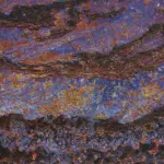 Painting by Steines. Purples, browns, oranges, and blues layered on canvas.