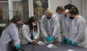 people in masks and gowns working in a lab