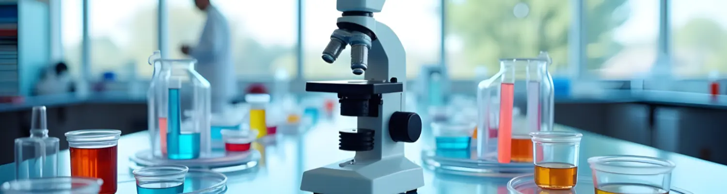 close up of microscope in a lab setting