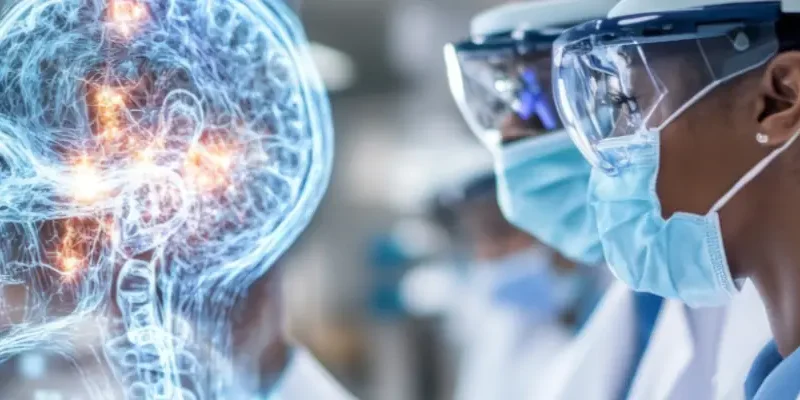 two people with masks working a hologram in a lab
