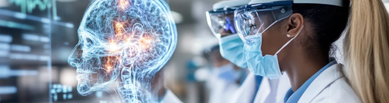 two people with masks working a hologram in a lab