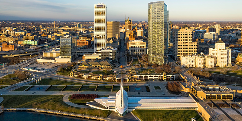 Aerial view of downtown Milwaukee from Lake Michigan