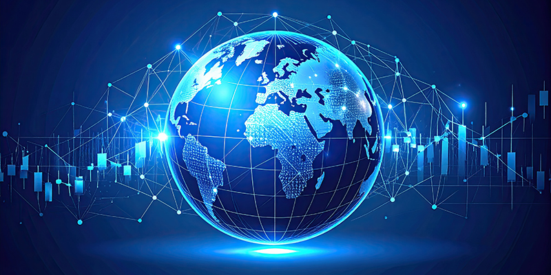 A glowing blue digital globe with interconnected network nodes and financial candlestick charts overlaid on a dark blue background, representing global connectivity and financial data.