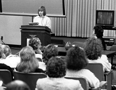 Mary Ann Doane presenting her talk, "Information, Crisis, Catastrophe"