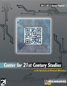 Image of 2012-2013 C21 Annual Report cover, featuring a QR code embedded within a silver semiconductor