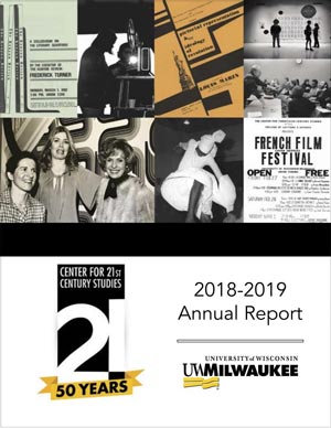 Image of 2018-2019 Annual Report cover, featuring photographs and event posters from fifty years of C21 history