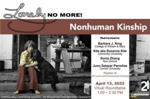 Poster featuring the Nonhuman Kinship roundtable event with a historic image of a girl and a dog from the 1970s in Wisconsin