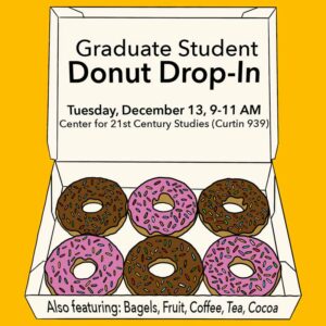 Image of an open box of donuts with sprinkles, text is on open lid of box.  Text reads: Graduate Student Donut Drop-In.  "Tuesday, December 13, 9-11 AM, Center for 21st Century Studies, Curtin Hall 939.  Also featuring: Bagels, Fruit, Coffee, Tea, Cocoa."