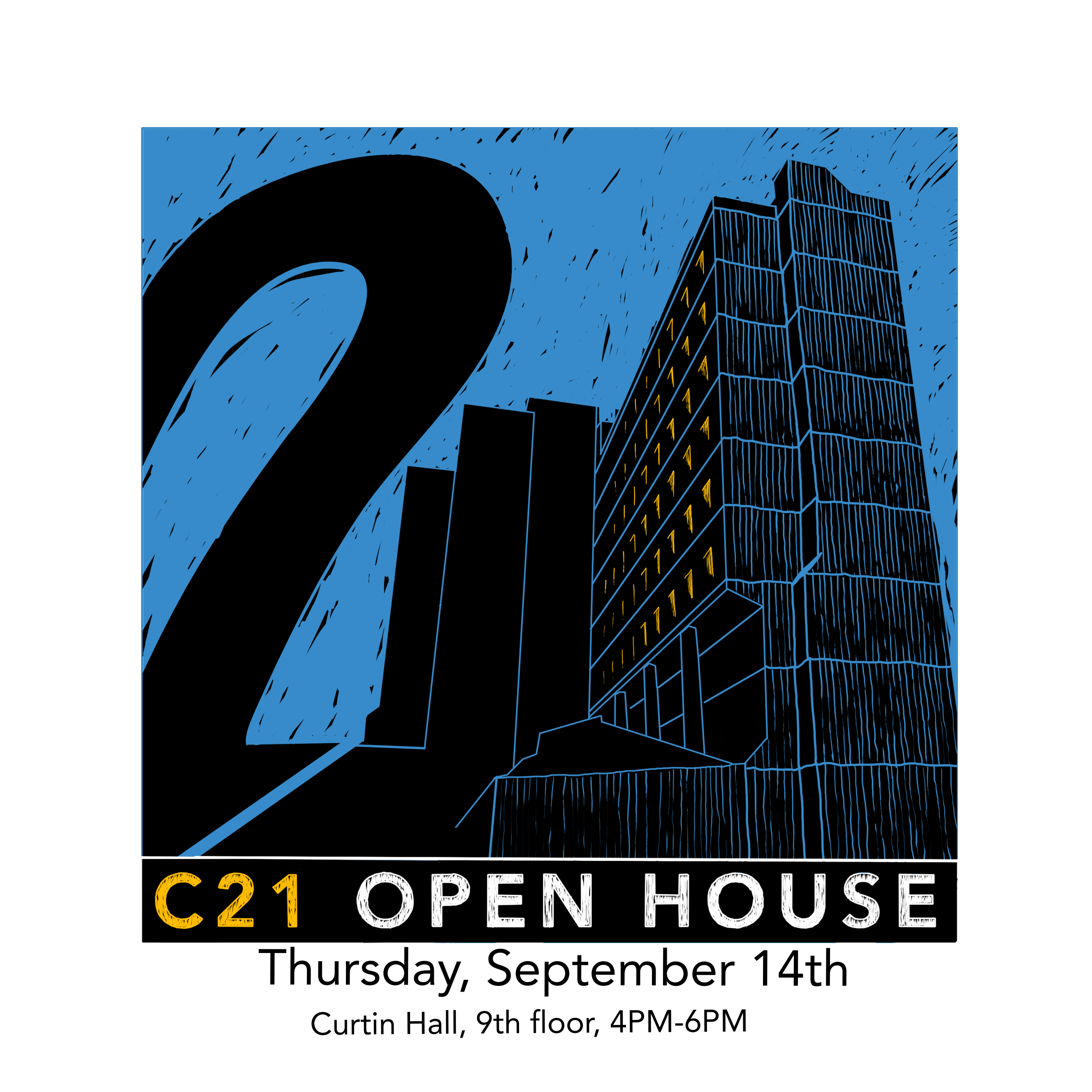 Block print of 21 logo with C21 Open House title