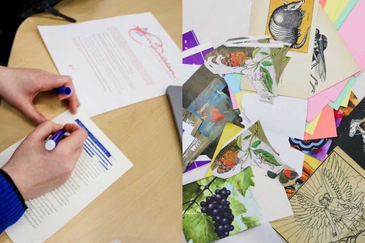 Collage materials and a blackout poem in progress at the Envision Embodied Writing Workshop, organized by Izzy Fincher (April 7, 2026).