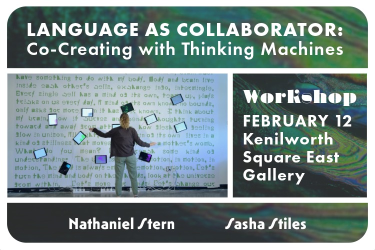 Promotional banner for the Language as Collaborator: Co-Creating with Thinking Machines workshop, part of C21's Aesthetics, Art, & AI program series.
